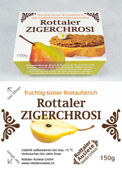Banderole und Etikette für das regionale Produkt Rottaler Zigerchrosi